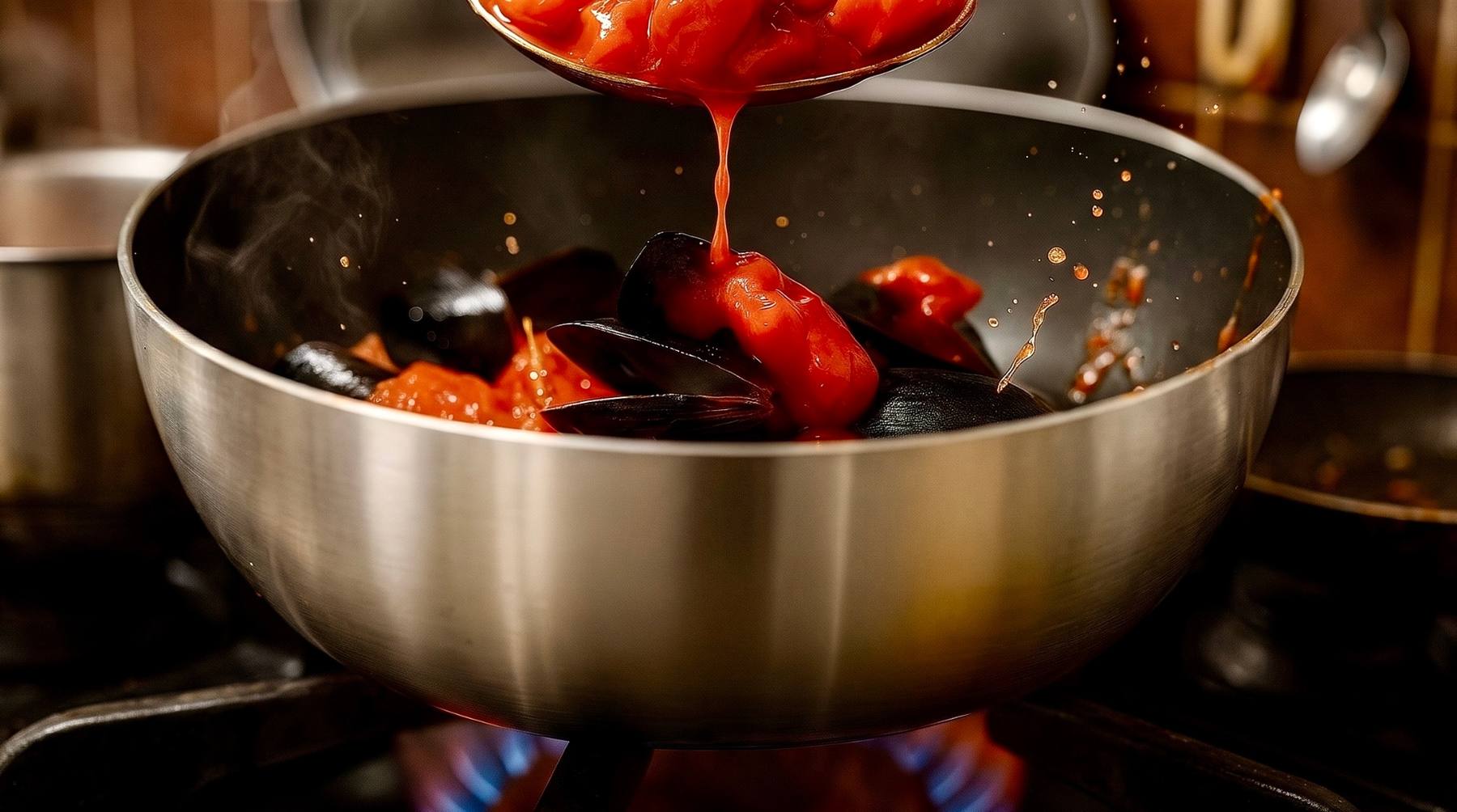 Cozze al pomodoro in preparazione