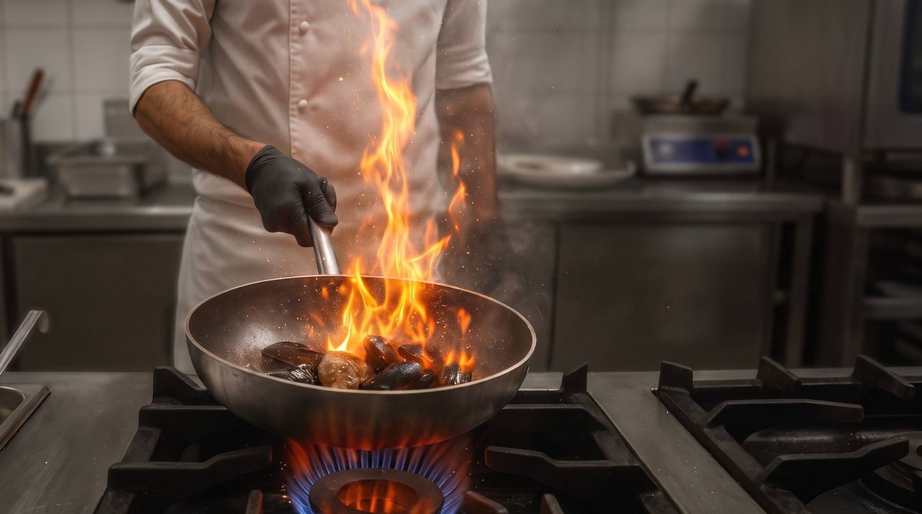 Chef del Noha in flambé sui fornelli