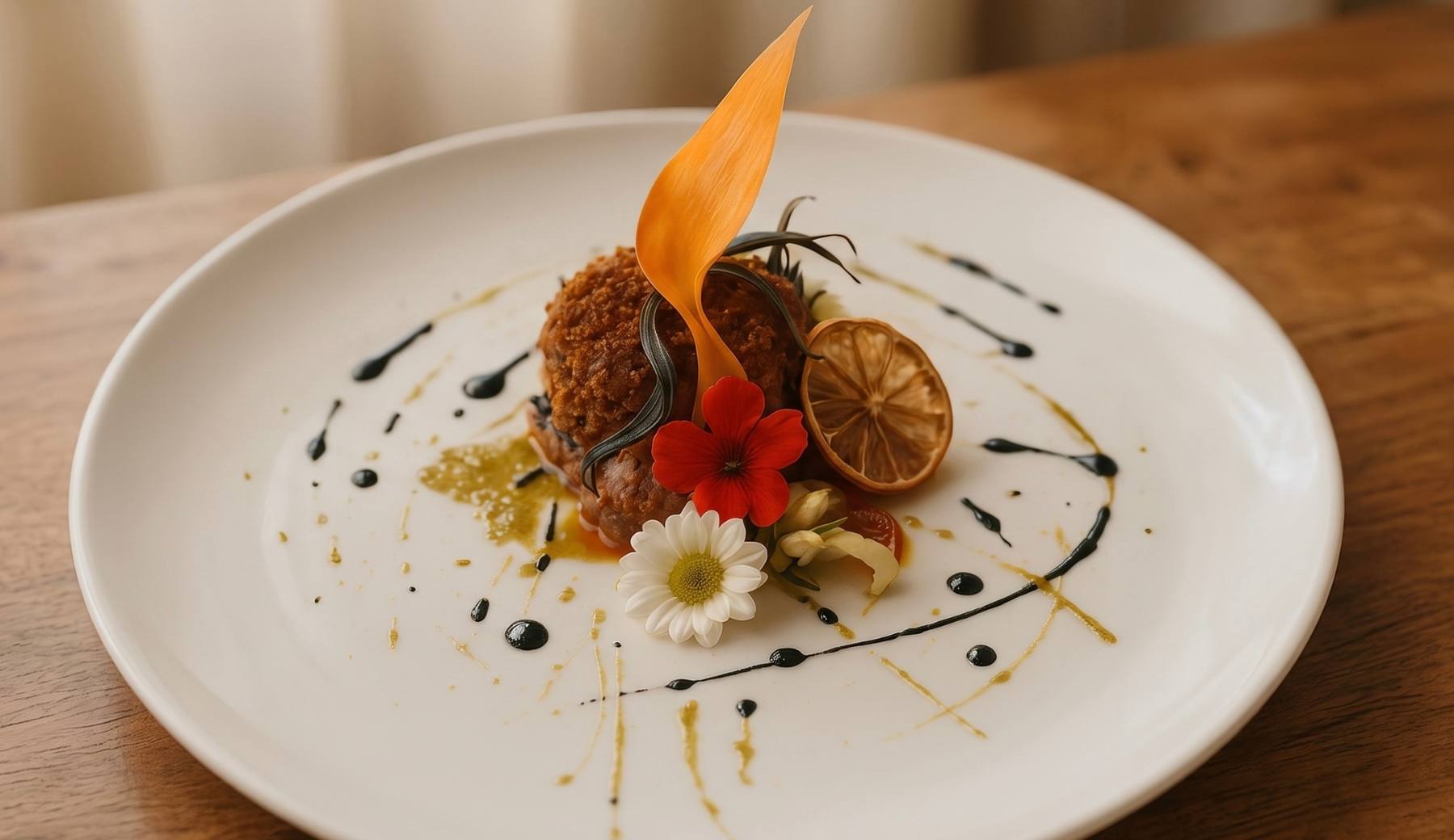 Piatto gourmet del ristorante Noha con decorazioni floreali e riduzioni