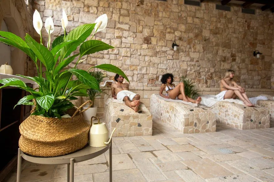 Area relax con lettini in pietra e piante